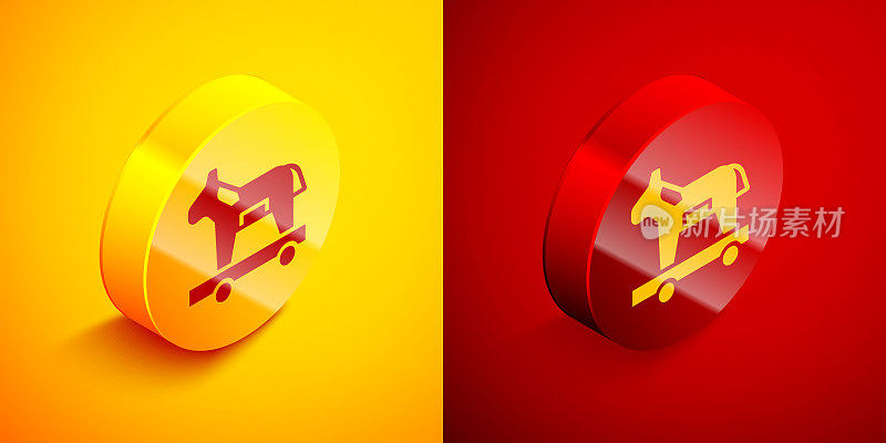 Isometric Trojan horse icon isolated on orange and red background. Circle button. Vector